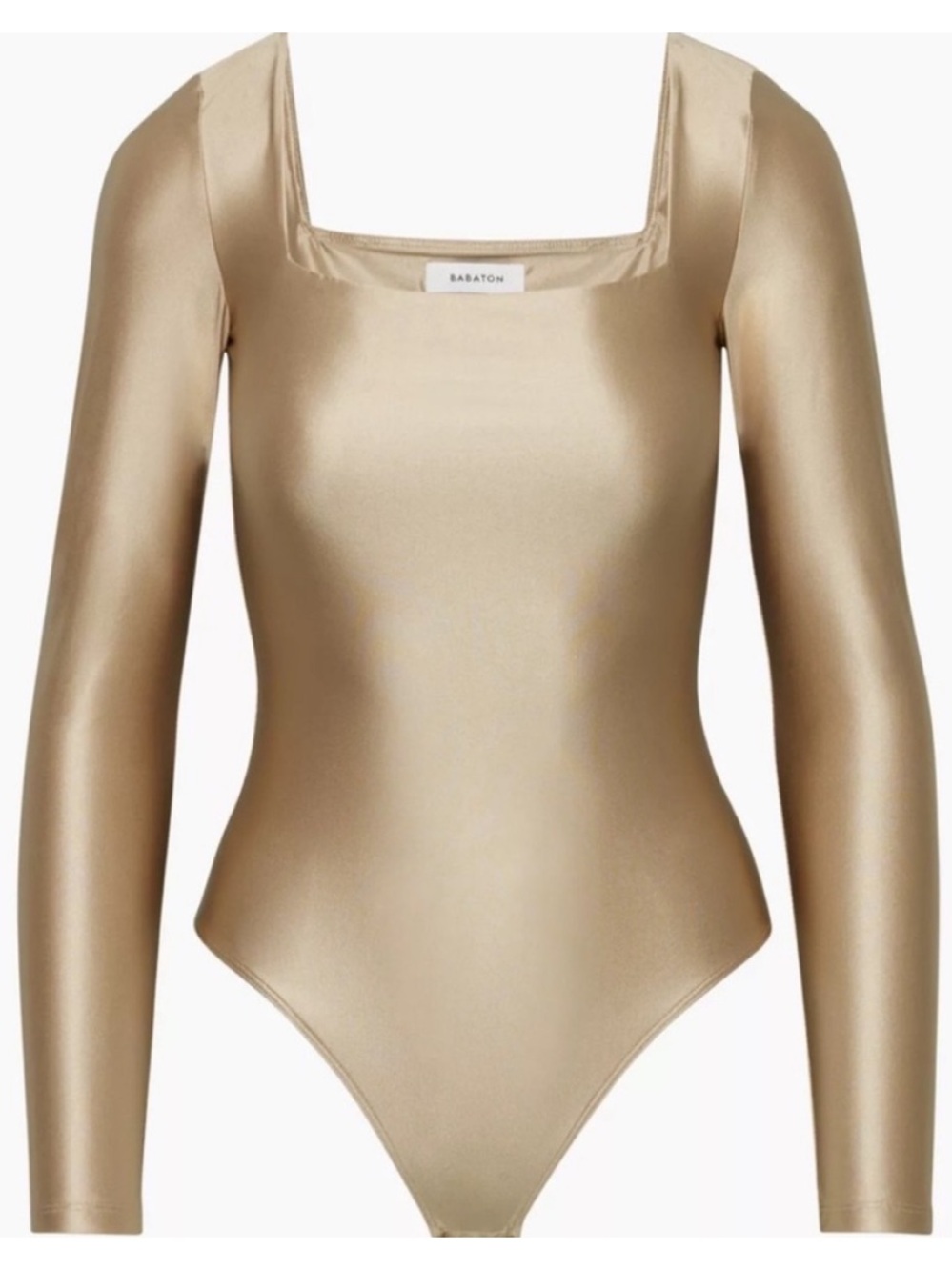 Aritzia Babaton Tan Satinette Long Sleeve Bodysuit Square Neck Gold